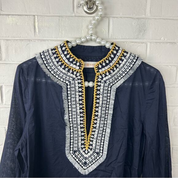 Tory Burch Navy Embroidered Fringe Detail 100% Cotton Tunic Size 8 - Picture 6 of 14
